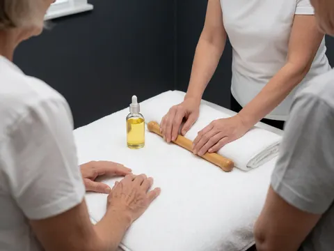 Therapist using a wooden massage tool on white cloth with therapeutic oil bottle in a gray room