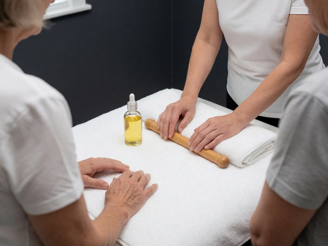 Therapist using a wooden massage tool on white cloth with therapeutic oil bottle in a gray room
