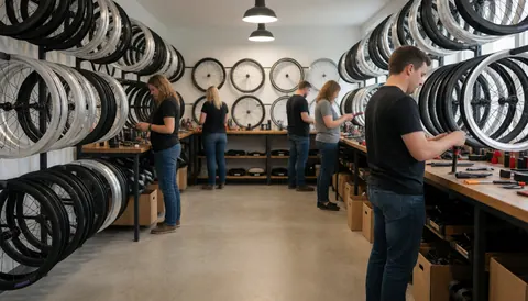 Bicycle repair shop featuring aluminum and carbon wheels, mechanics working at tables under professional lighting on polished concrete floors.