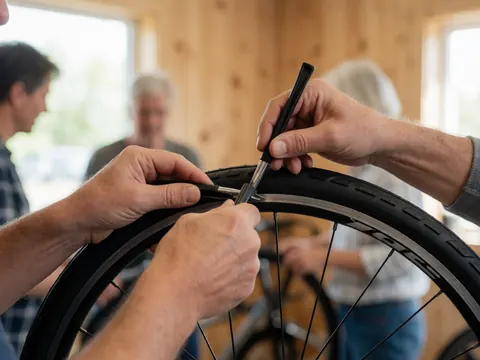 Close-up of hands using rubber tire levers to remove a tire bead from a metal rim during a bicycle repair service
