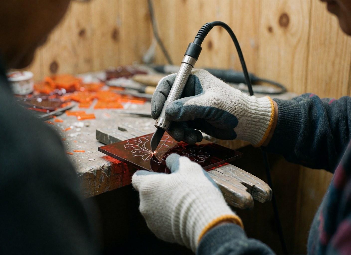 Close-up of a gloved hand using an engraving tool on a piece of red glass, with orange glass fragments and light wood walls in the background.