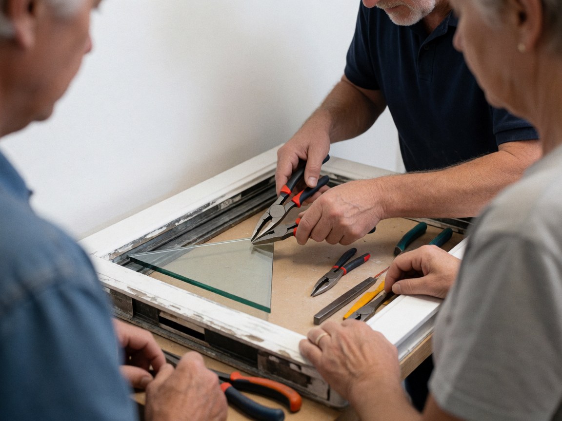 Close-up of three hands using pliers to repair a decorative glass window frame in a workshop setting.
