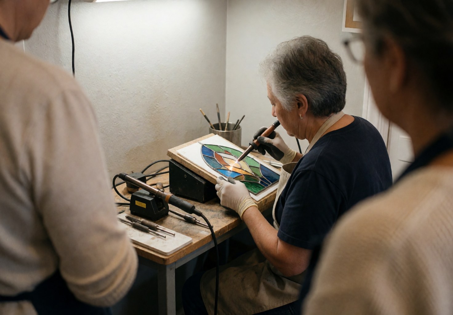 Close-up view of a craftsman using a soldering iron to join pieces of colored stained glass in a workshop setting.