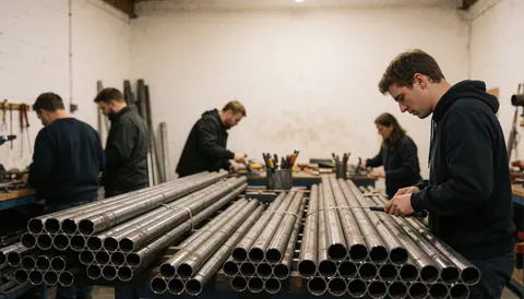 Industrial workers using tools to cut steel pipes in a workshop with white walls and copy space