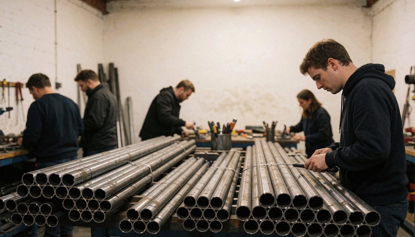 Industrial workers using tools to cut steel pipes in a workshop with white walls and copy space