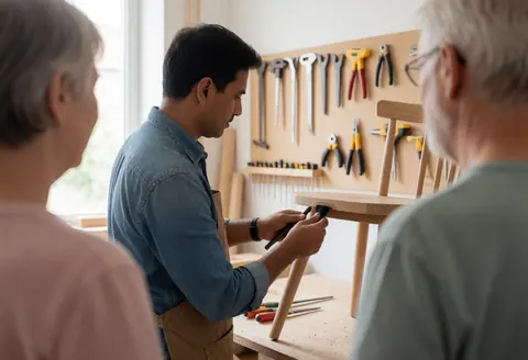 A carpenter is placing a wooden cap on a chair leg in a workshop with tools on the wall and two clients watching from behind.