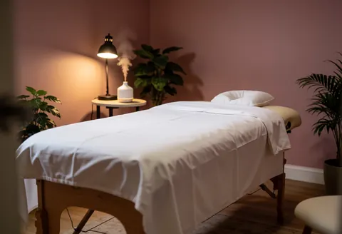 Treatment room featuring a massage table, an essential oil diffuser emitting vapor, green plants, and pink walls for aromatherapy.