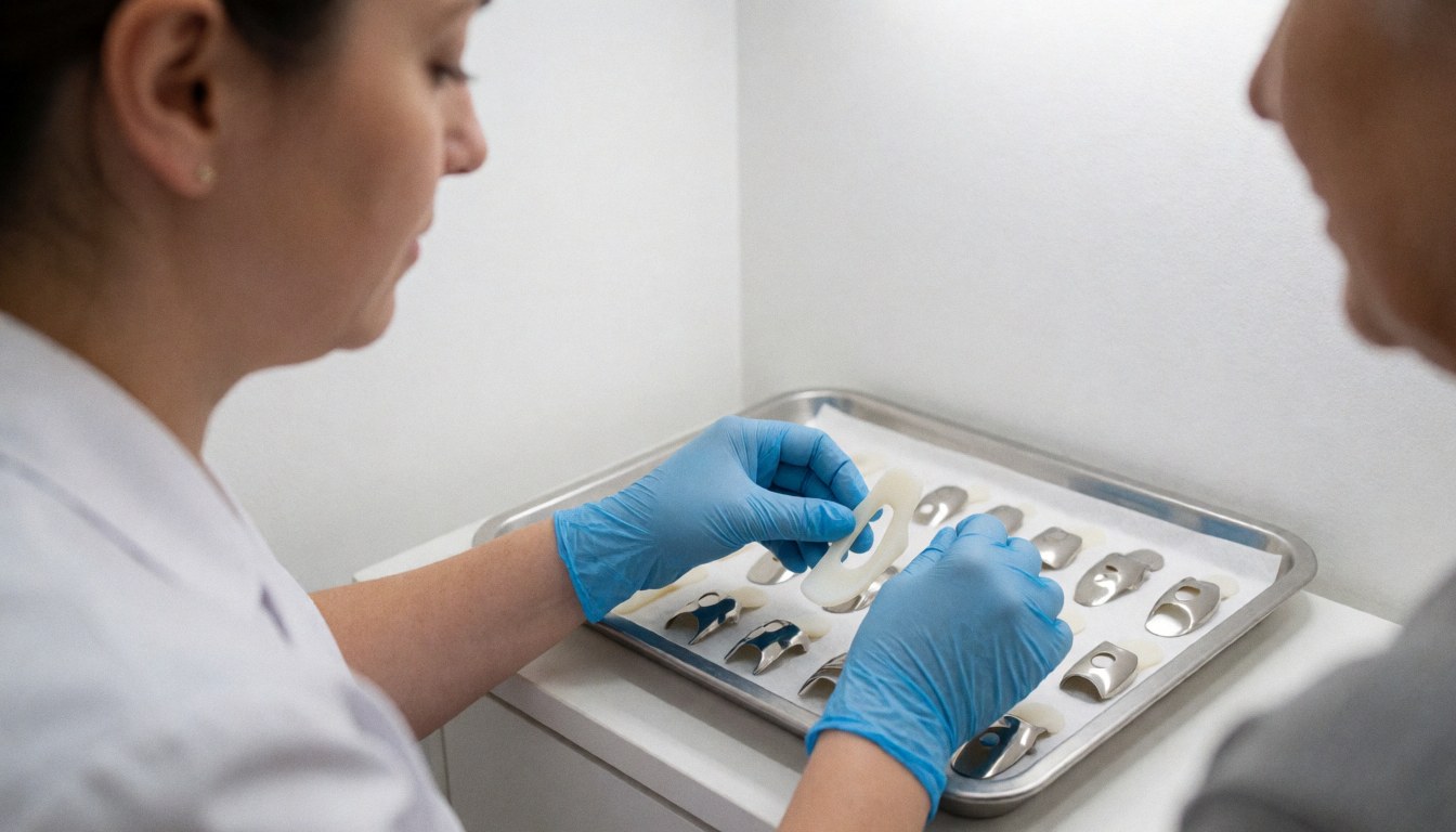 Podiatrist selecting a silicone splint from a metal sterilizer in a clinic