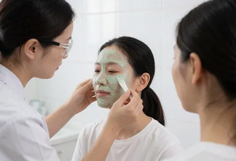 A dermatologist wearing eye protection uses a spatula to apply a green facial mask to a client in a salon with white walls.