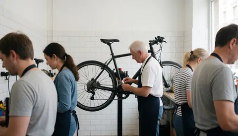 Several bicycle mechanics repairing bikes in a workshop with white tiled walls and visible tools.