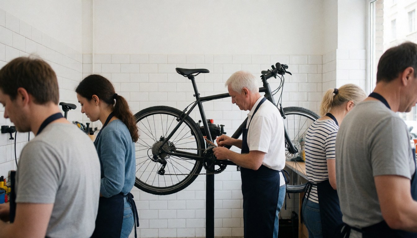 Several bicycle mechanics repairing bikes in a workshop with white tiled walls and visible tools.