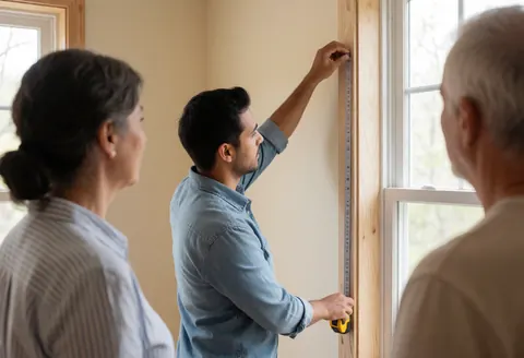 A professional measures a window frame in a beige room while clients observe the decorative glass service in action.