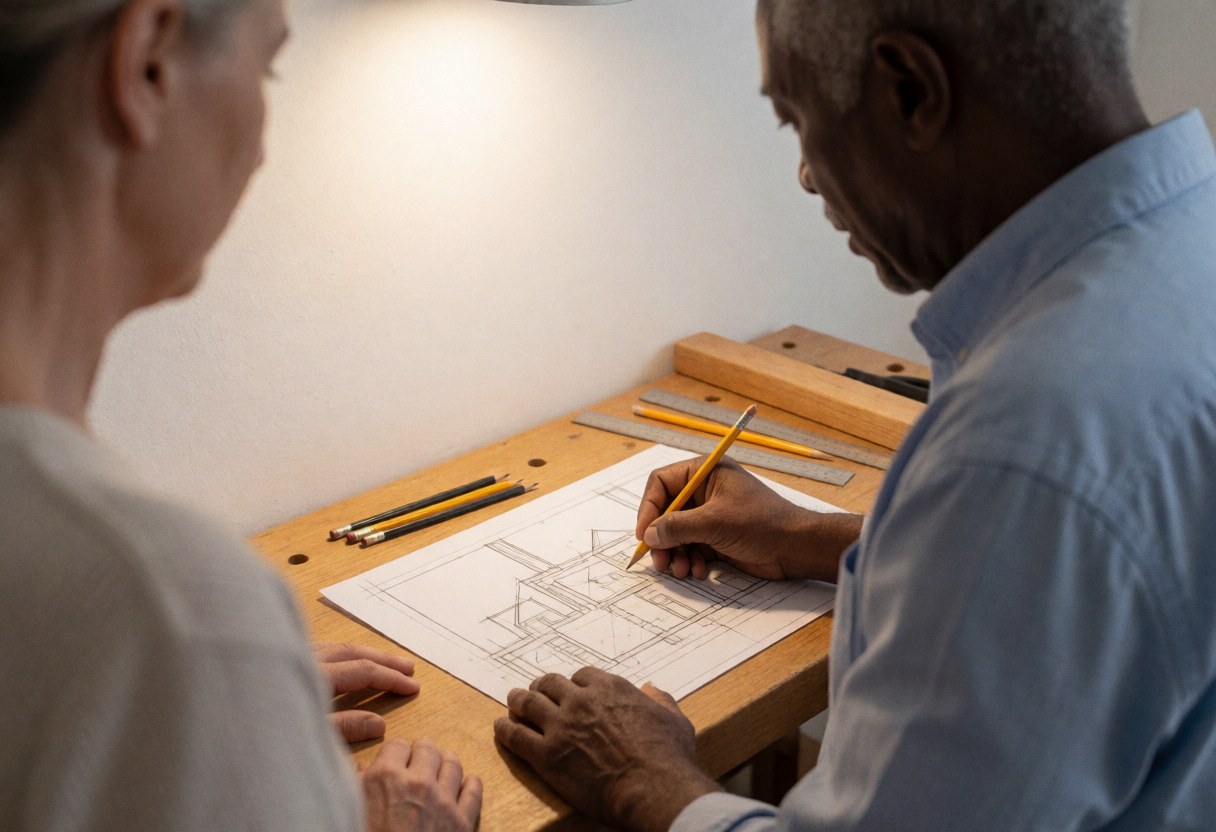 A carpenter sketching detailed restoration plans on a wooden table using a ruler and pencils for furniture repair services.