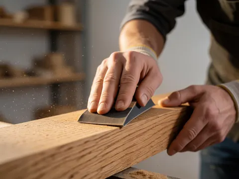 Gloved hands sanding oak wood with dust floating in warm light during furniture repair work
