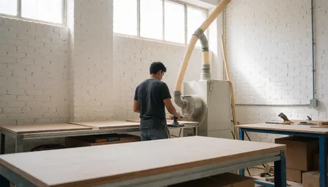 Carpenter operating a sander connected to a dust extraction system in a workshop with white brick walls and natural light.
