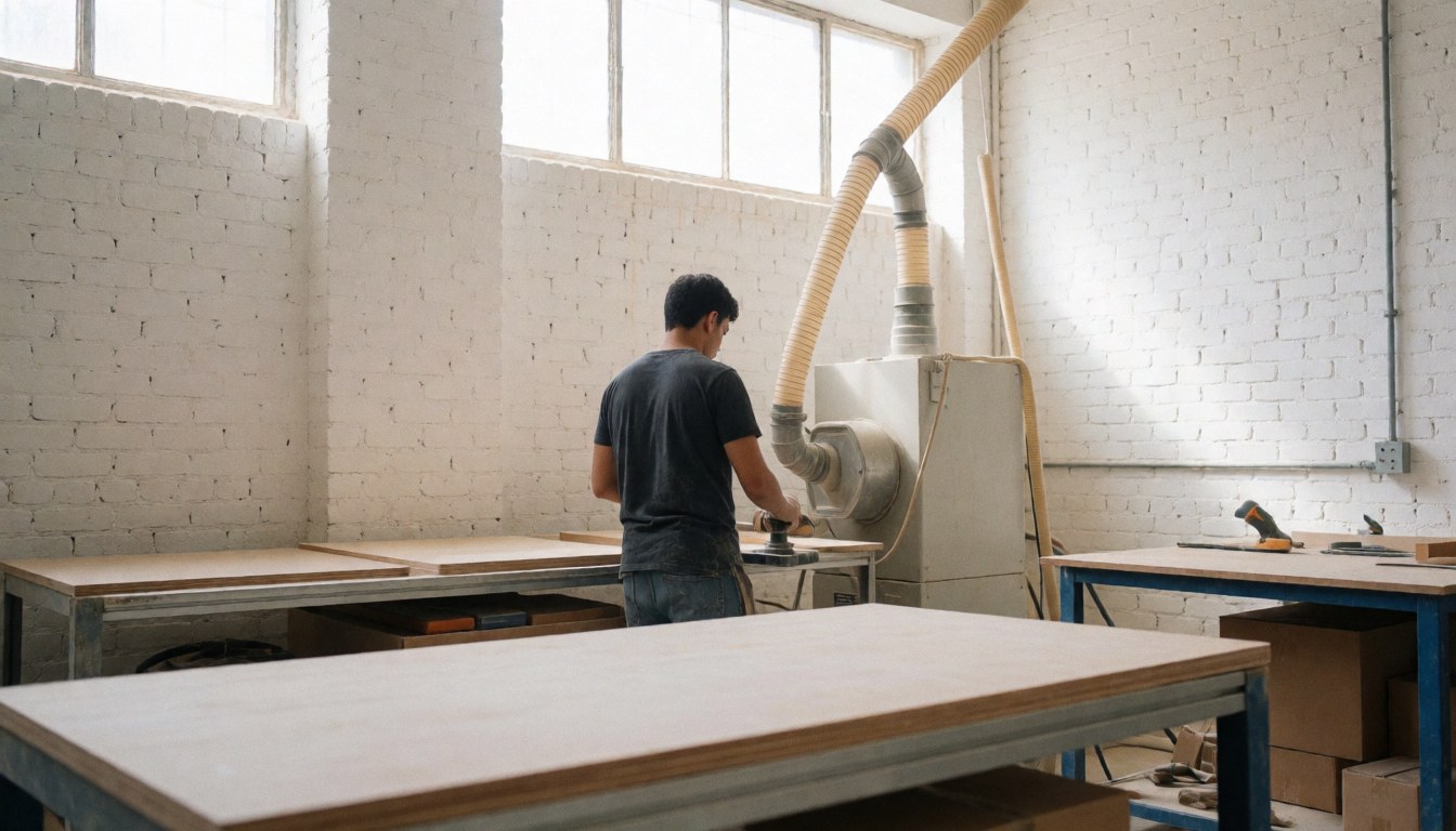 Carpenter operating a sander connected to a dust extraction system in a workshop with white brick walls and natural light.
