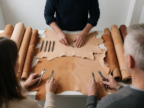 Close-up of hands applying metal rollers to raw leather in a workshop setting for crafting purposes
