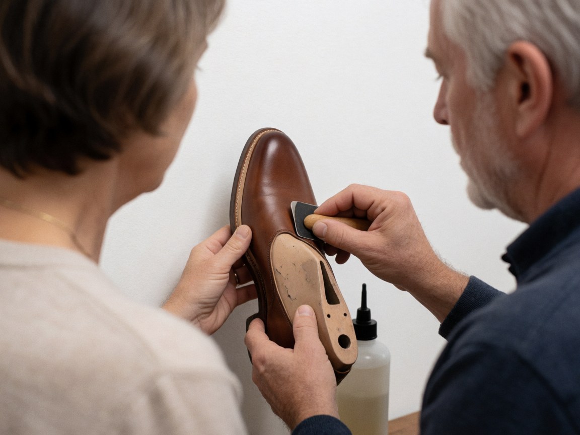 A man applies glue to a leather shoe on a last in a workshop with polishing tools and adhesive bottle.