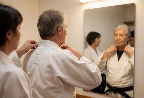 A senior martial artist adjusts their white uniform in front of a mirror within a dojo.