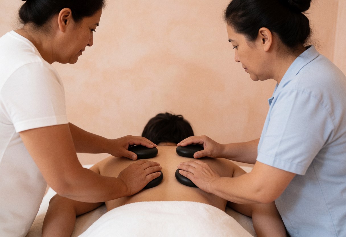 Two therapists using hot stones on a client's back in a room with terracotta walls
