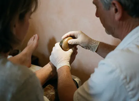 Close-up of a gloved hand placing a heated stone on a client's foot during a reflexology session in a warm-lit spa setting.