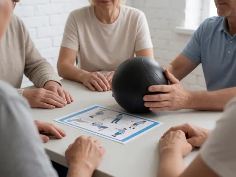 Close-up of adult hands holding a therapy ball over a white treatment table in a room with white brick walls, used for maternal massage and exercise guidance.