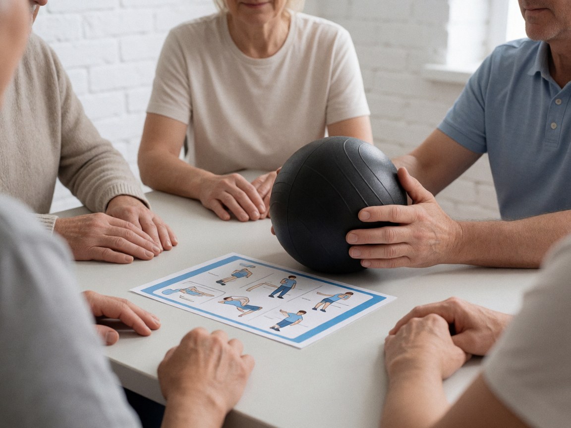 Close-up of adult hands holding a therapy ball over a white treatment table in a room with white brick walls, used for maternal massage and exercise guidance.
