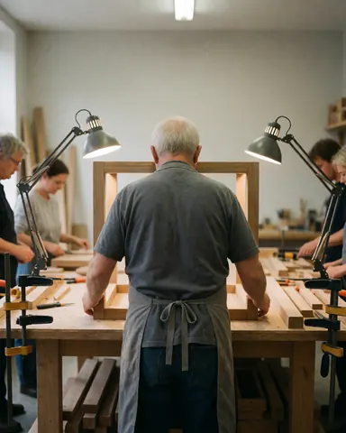 A carpenter wearing a gray apron works on a wooden table in a furniture repair workshop with other team members.