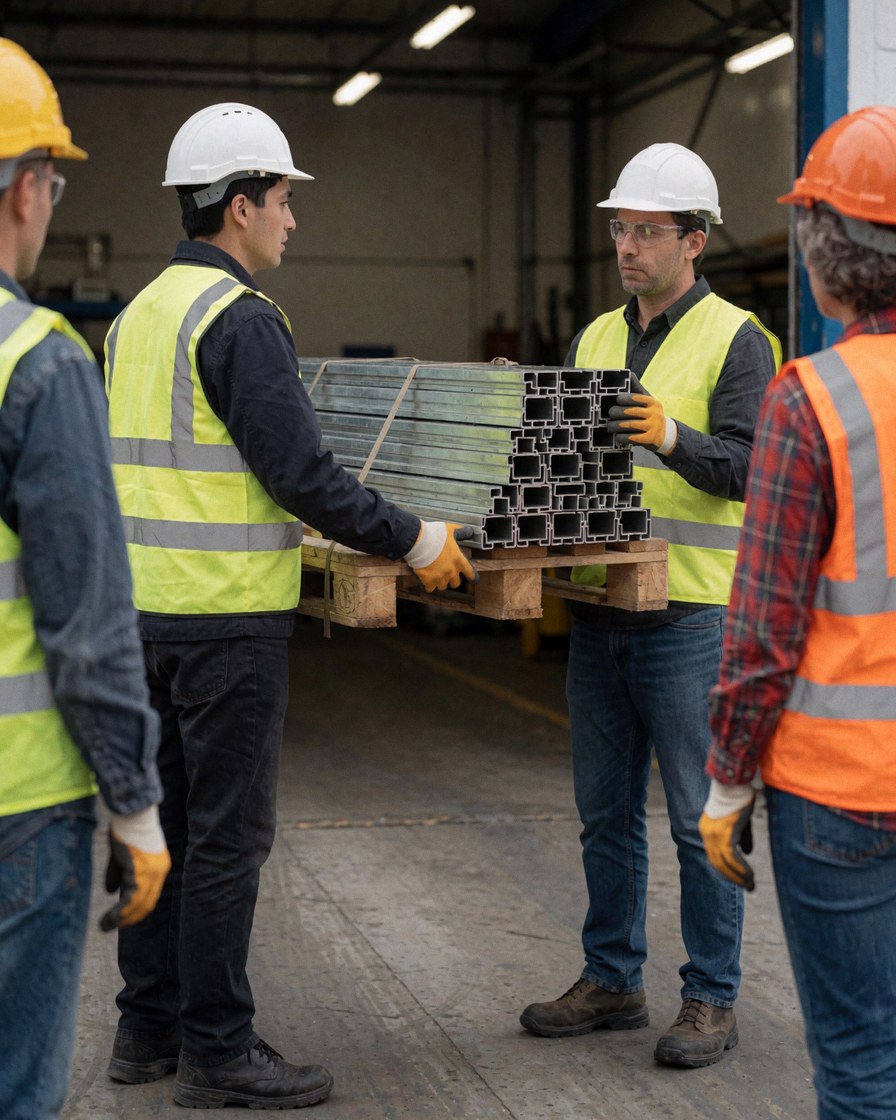 Workers in an industrial warehouse loading metal profiles onto a pallet while wearing safety helmets and reflective vests