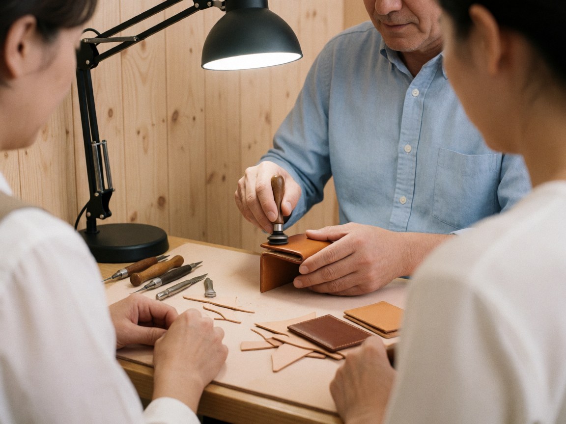 Close-up of a leather worker smoothing the edge of a wallet using specialized tools on a wooden workbench with raw leather pieces nearby.
