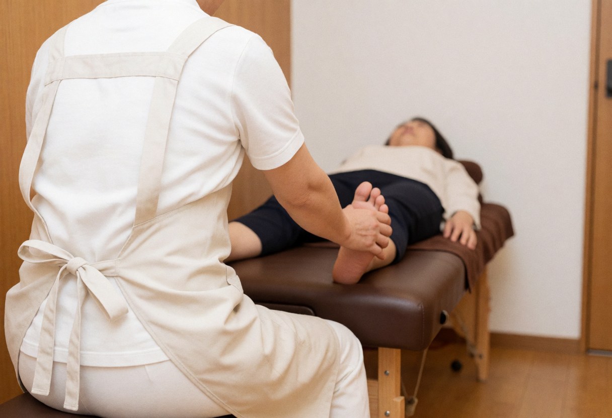 A therapist performs a foot massage on a client lying on a treatment table in a warm, professional therapeutic setting.