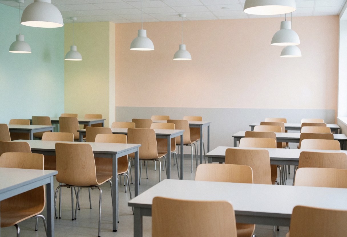 Modern university cafeteria with empty tables and chairs, pastel walls, hanging lights, clean and cozy atmosphere