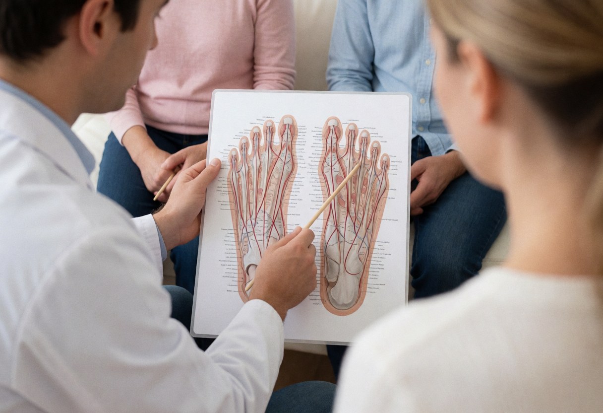 A reflexologist points to a foot anatomy chart while explaining treatment options to seated clients in a warm-lit clinical room.