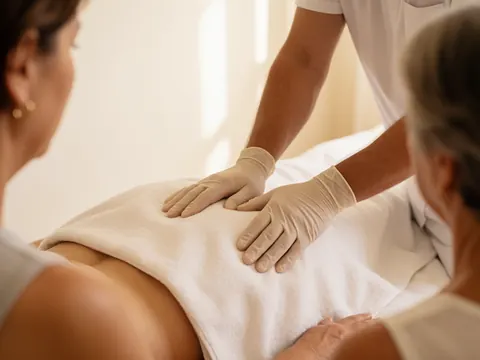 Hands wearing gloves applying a prenatal massage to a client lying down with a white towel in a studio with warm white walls and diffused light.