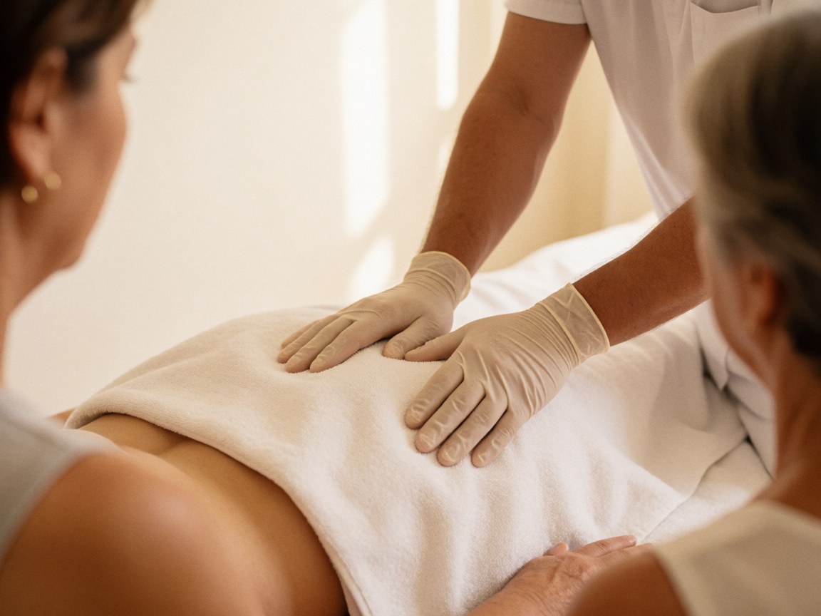 Hands wearing gloves applying a prenatal massage to a client lying down with a white towel in a studio with warm white walls and diffused light.