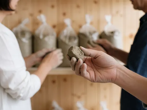 Close-up of a hand holding a chunk of raw clay in a ceramic workshop with wooden shelves and sacks of clay in the background.