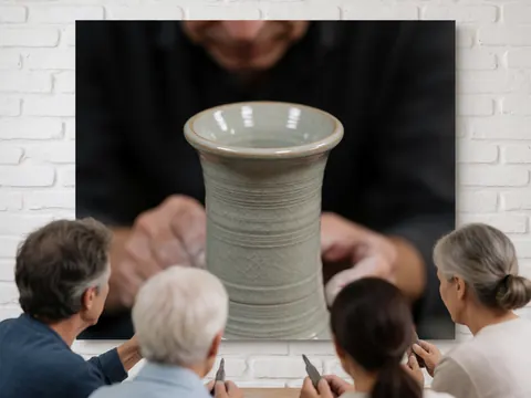 Close-up of a ceramic vase featuring a crackle glaze texture, with hands shaping clay and white brick wall background in a pottery studio.