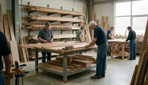 Carpenters working in a workshop with wood boards, tools and shelves, showing furniture repair.