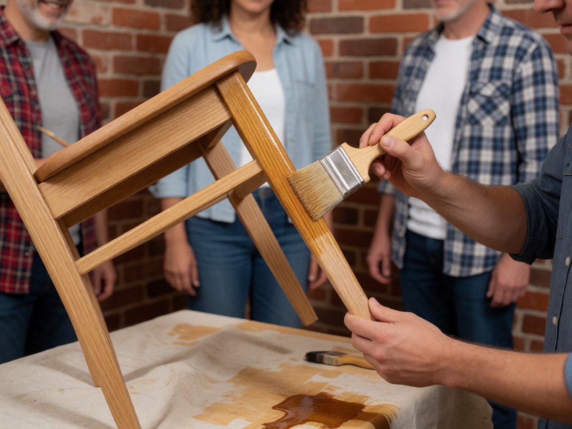 A person applies varnish to a wooden chair with a brush over fabric, brick wall, other people observe furniture repair work.