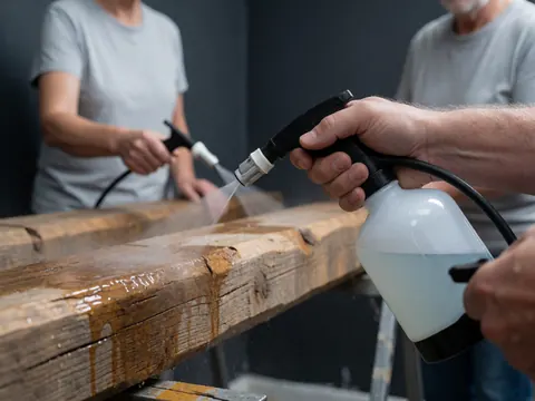 Close-up of hands using a spray tool to apply a protective treatment on rustic wood surfaces during furniture repair work