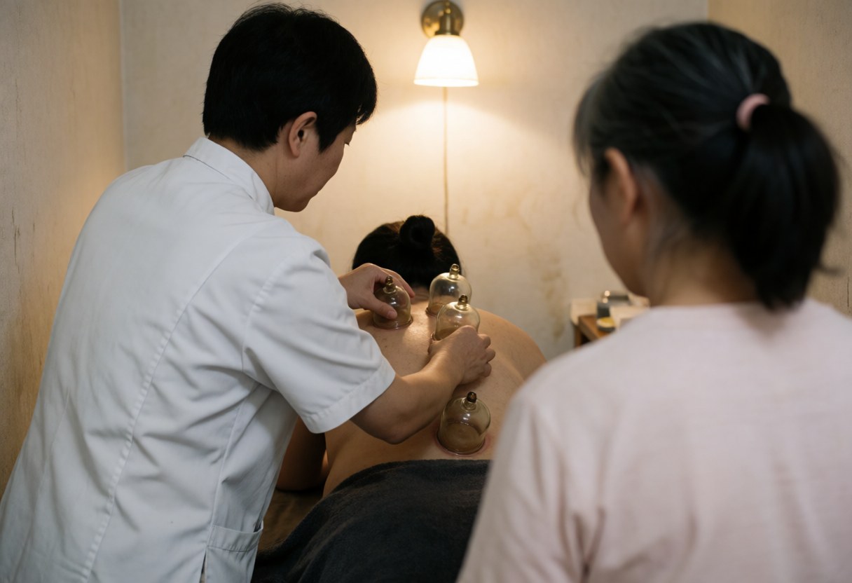 A therapist places suction cups on a client's back while another person observes in a warm professional setting.