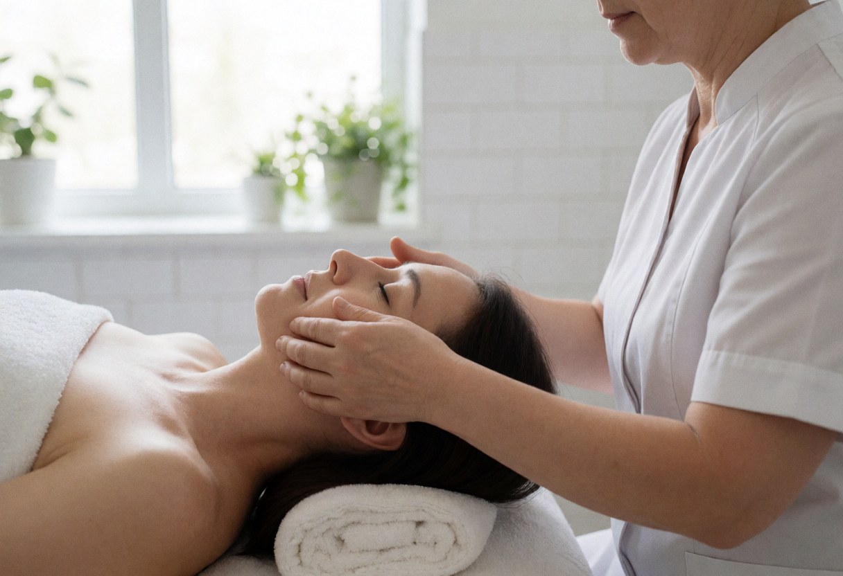 Therapist performing a facial massage on a client lying on a table in a spa with white tiles and natural light