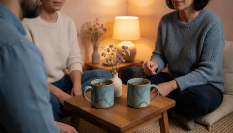 A woman sits on the floor meditating with two steaming mugs of tea on a wooden table in a warm, relaxed setting.