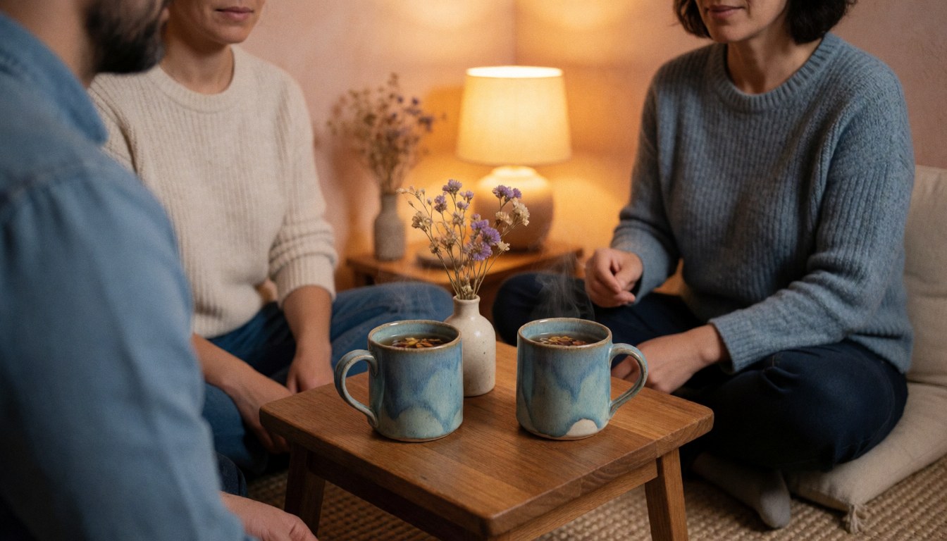 A woman sits on the floor meditating with two steaming mugs of tea on a wooden table in a warm, relaxed setting.
