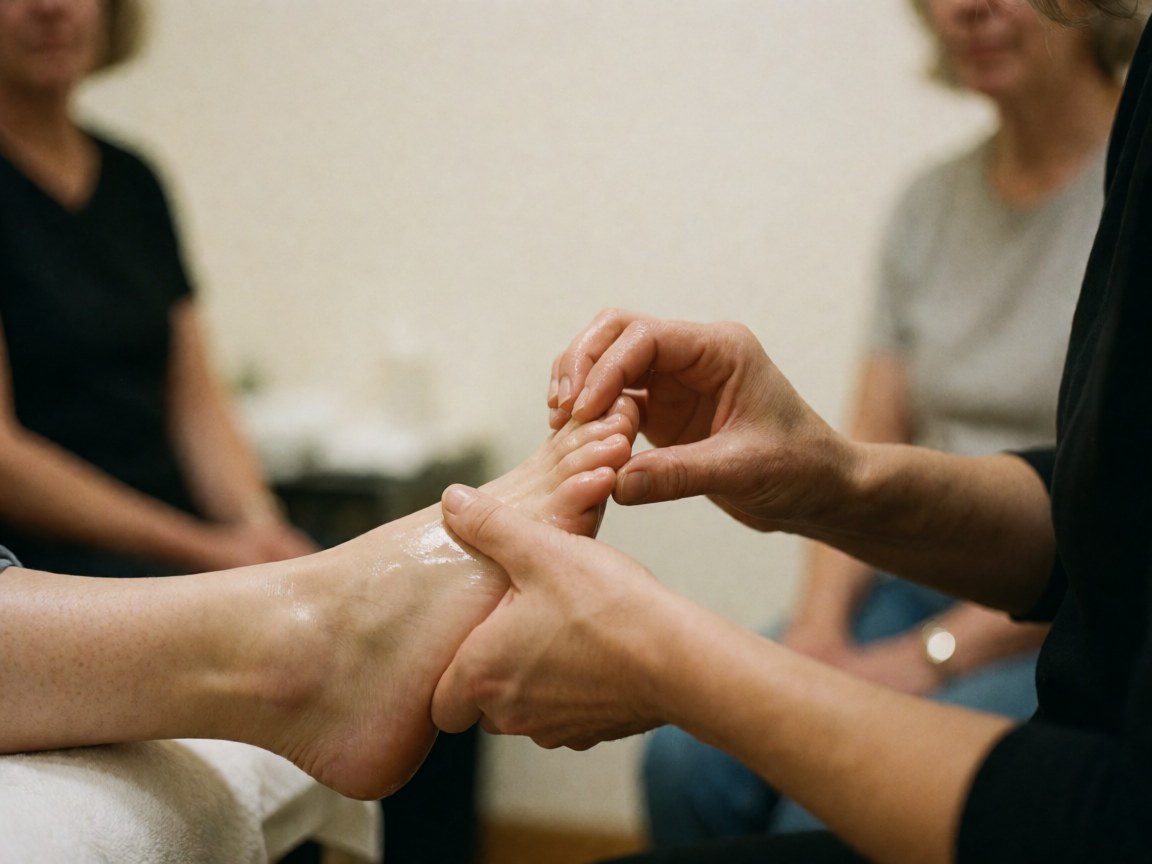 Close-up of hands massaging a client's foot with oil in a clinical setting with warm white walls.