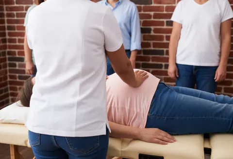 A professional massage therapist performs a prenatal massage on an expectant mother lying on a treatment table in a studio with brick walls.