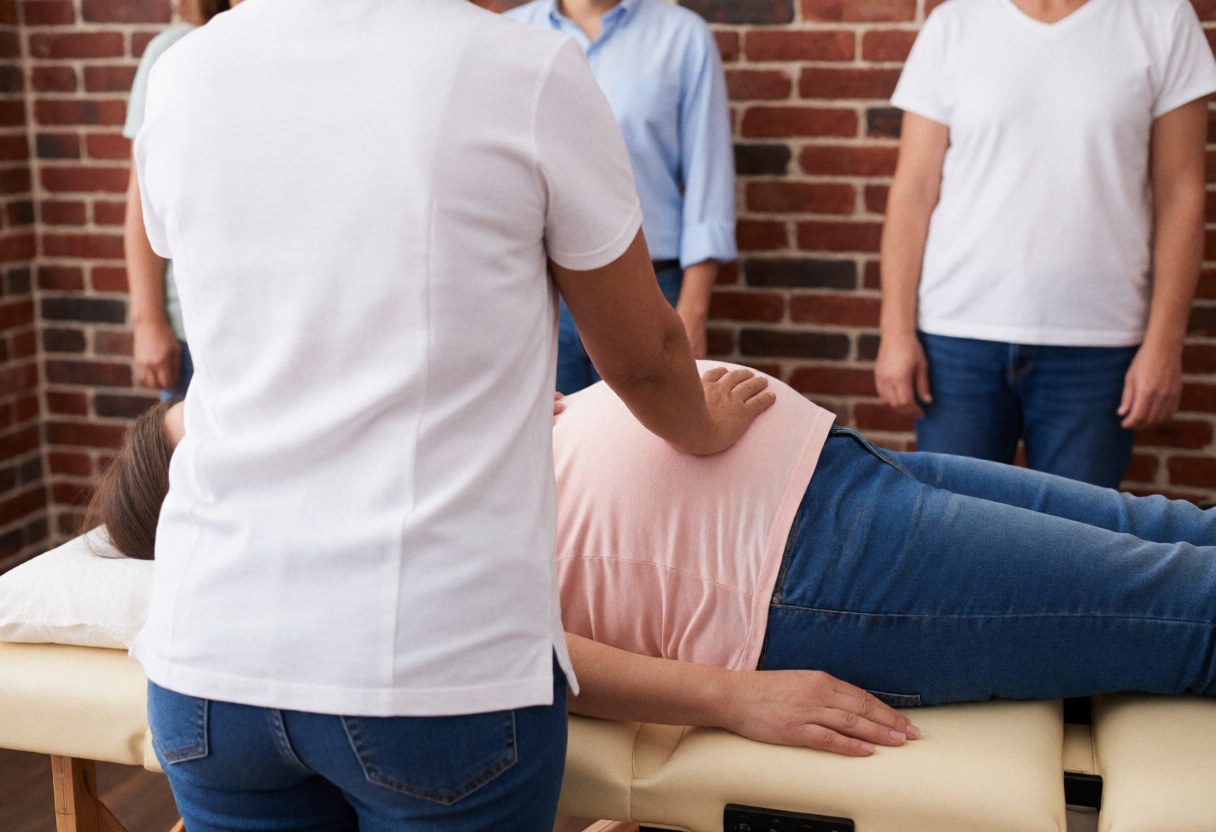 A professional massage therapist performs a prenatal massage on an expectant mother lying on a treatment table in a studio with brick walls.