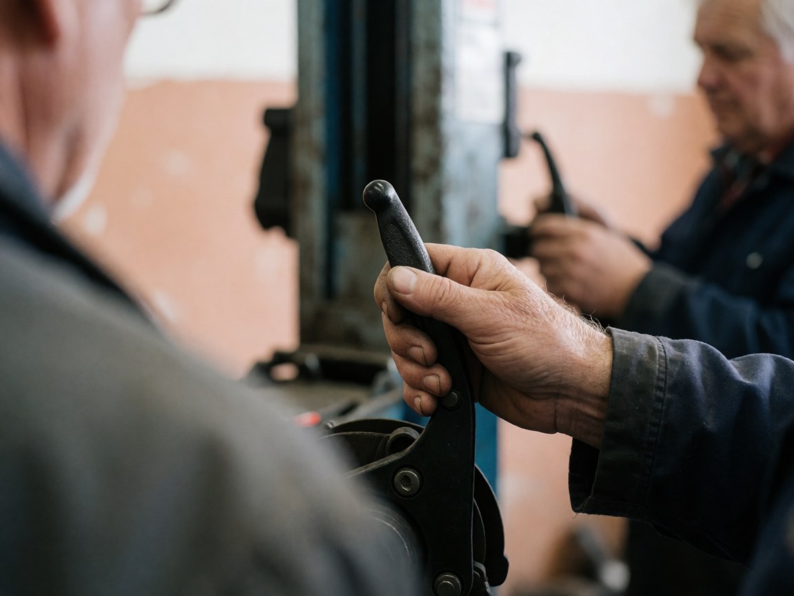Close-up of a mechanic's hand gripping a bicycle brake lever during repair work in a workshop with soft lighting and blurred background.