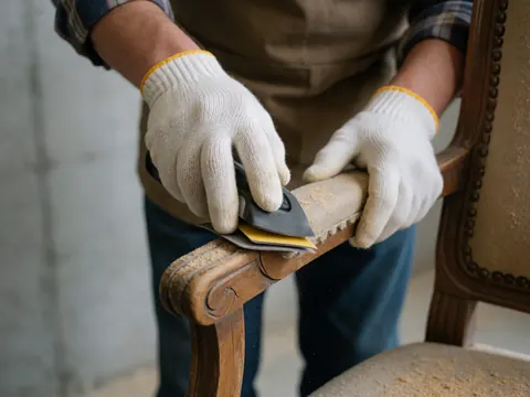Close-up of a gloved hand using a hand saw to repair a wooden chair against a concrete wall, showing furniture restoration in progress.