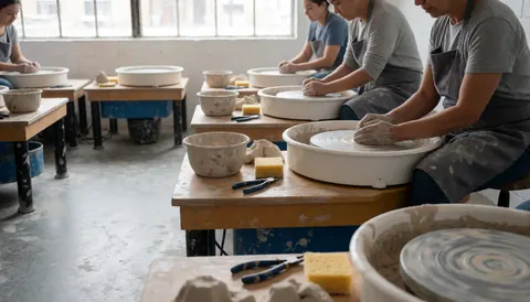 Artists shaping clay on pottery wheels with visible tools and materials in a workshop setting